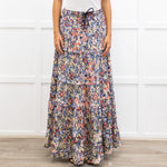 Me + Em Blue Red Handpainted Floral Maxi Skirt