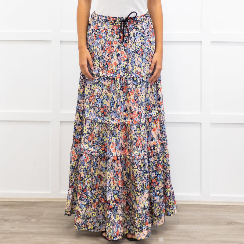 Me + Em Blue Red Handpainted Floral Maxi Skirt