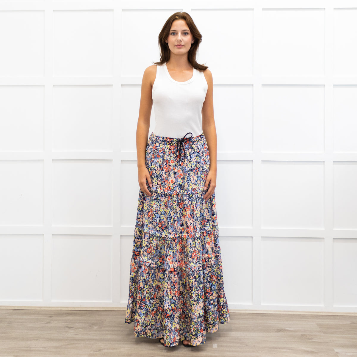 Me + Em Blue Red Handpainted Floral Maxi Skirt