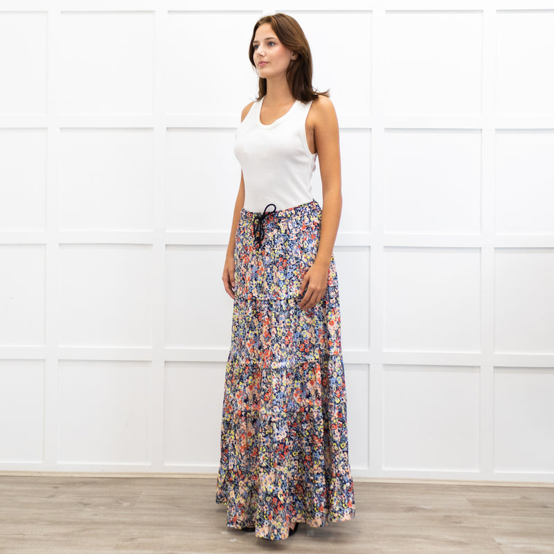Me + Em Blue Red Handpainted Floral Maxi Skirt