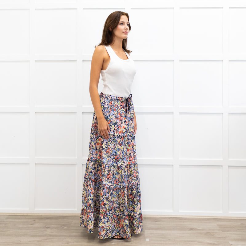 Me + Em Blue Red Handpainted Floral Maxi Skirt