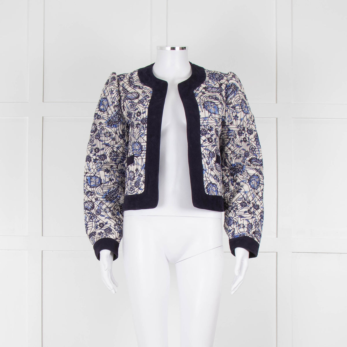Claudie Pierlot White Blue Paisley Quilted Suede Trim Jacket