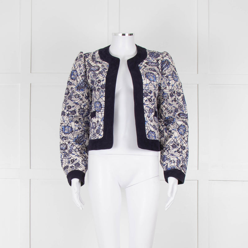 Claudie Pierlot White Blue Paisley Quilted Suede Trim Jacket