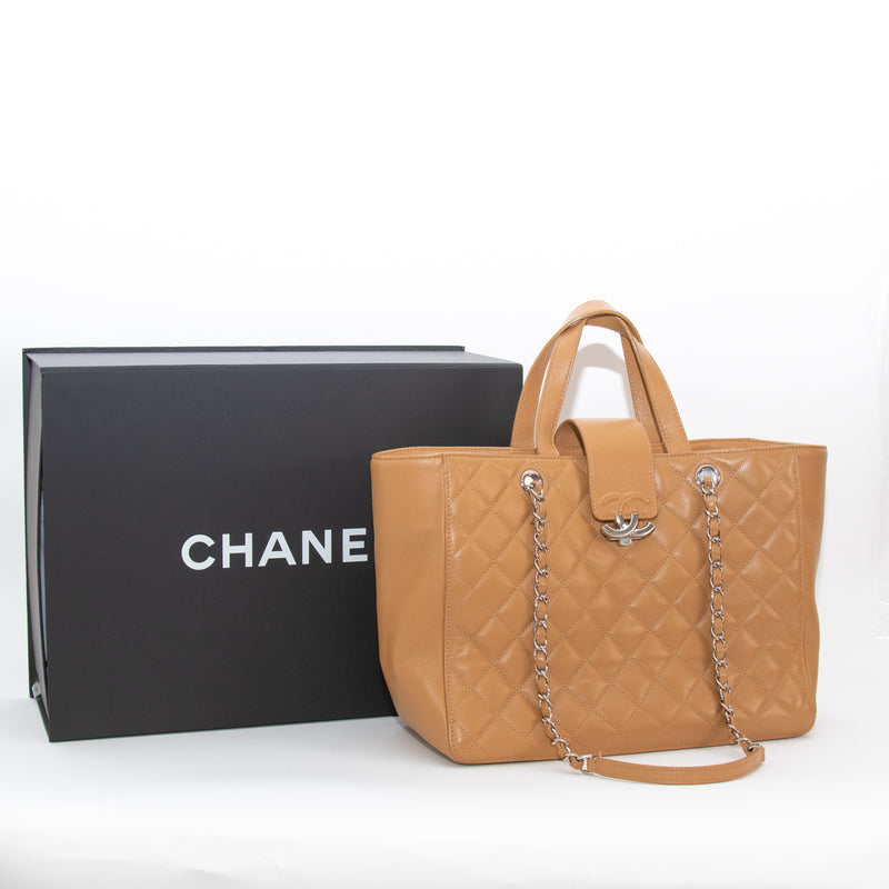 Chanel Tan Caviar CC Box Large Quilted Tote