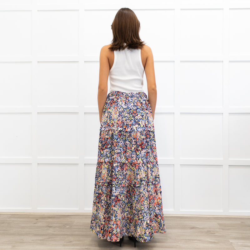 Me + Em Blue Red Handpainted Floral Maxi Skirt