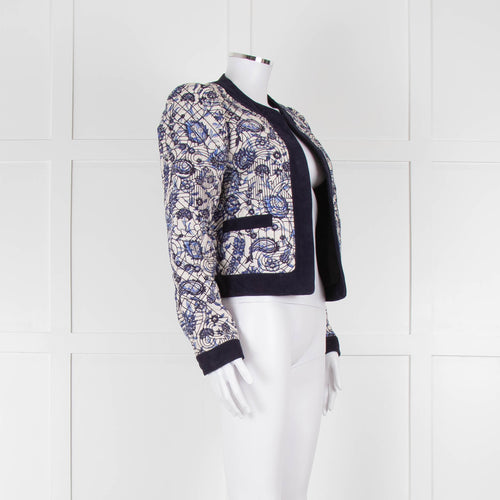 Claudie Pierlot White Blue Paisley Quilted Suede Trim Jacket
