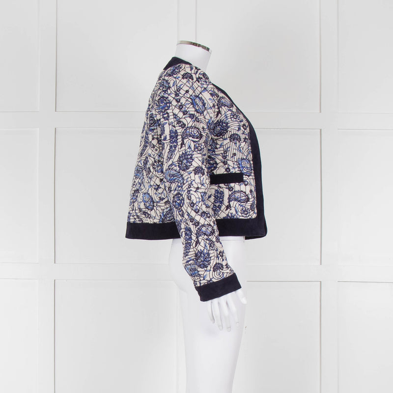 Claudie Pierlot White Blue Paisley Quilted Suede Trim Jacket