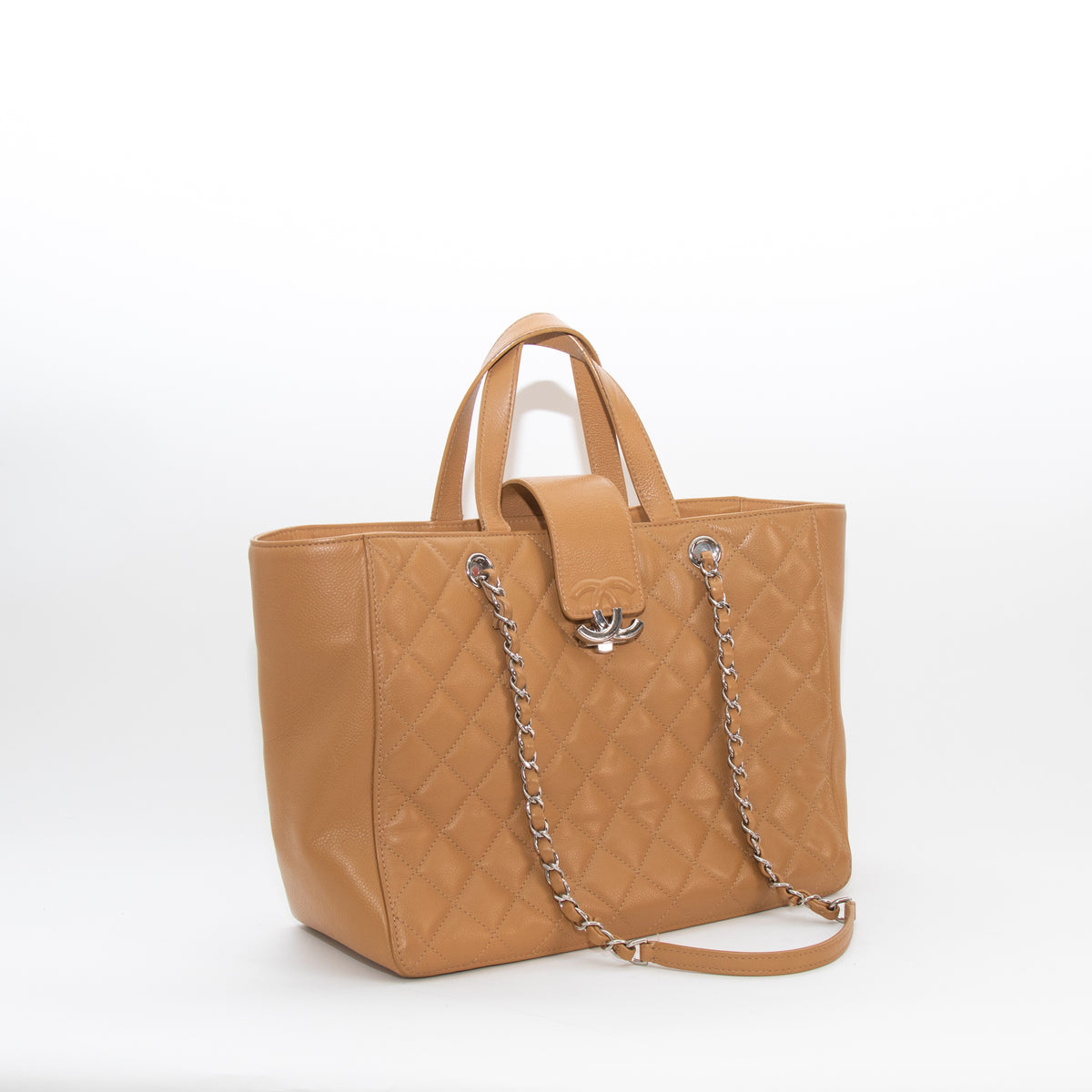 Chanel Tan Caviar CC Box Large Quilted Tote