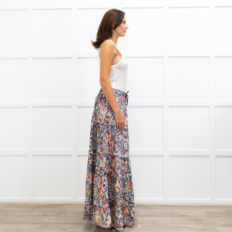 Me + Em Blue Red Handpainted Floral Maxi Skirt