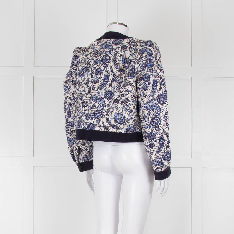 Claudie Pierlot White Blue Paisley Quilted Suede Trim Jacket