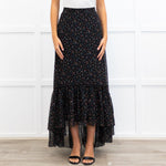 Mikael Aghal Black Crepe Asymmetric Floral Print Maxi Skirt