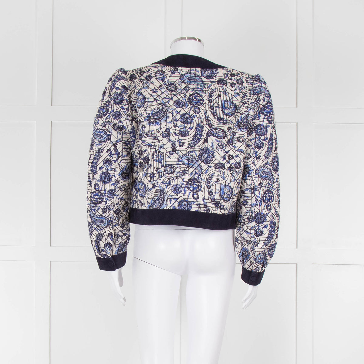Claudie Pierlot White Blue Paisley Quilted Suede Trim Jacket