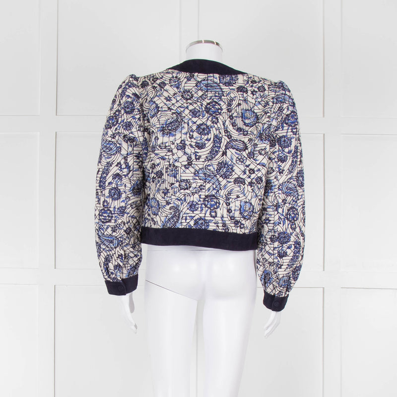 Claudie Pierlot White Blue Paisley Quilted Suede Trim Jacket