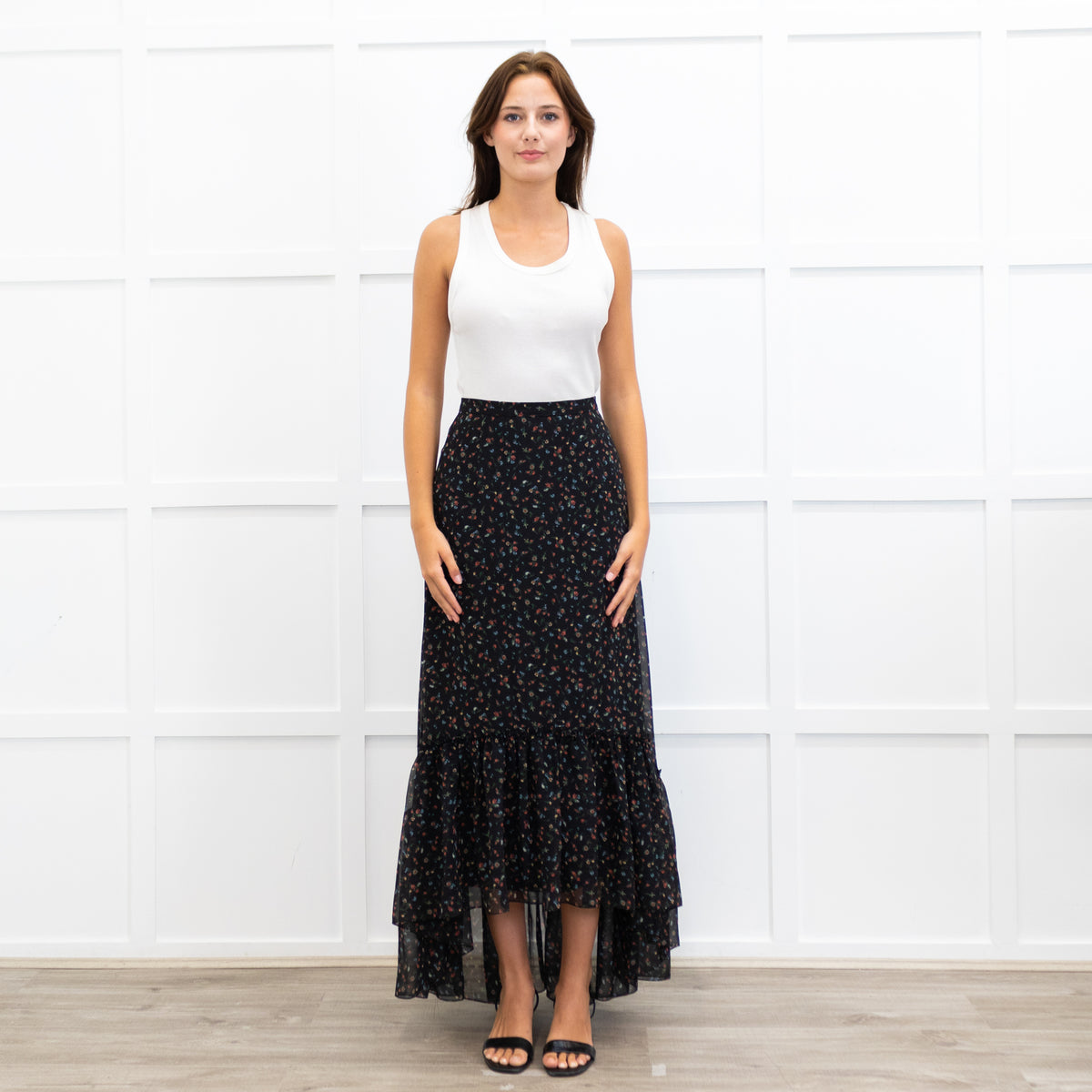 Mikael Aghal Black Crepe Asymmetric Floral Print Maxi Skirt