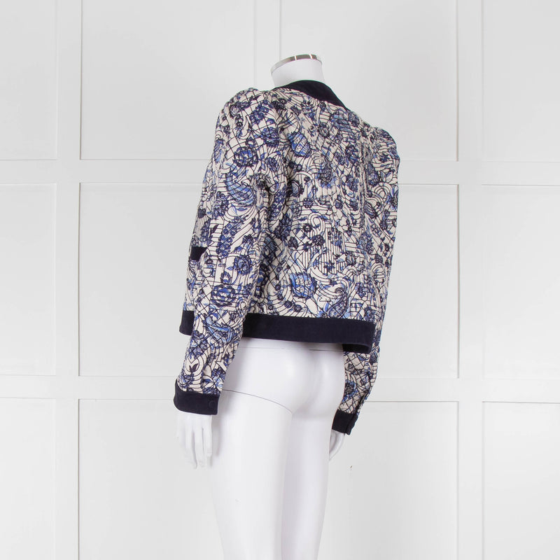 Claudie Pierlot White Blue Paisley Quilted Suede Trim Jacket