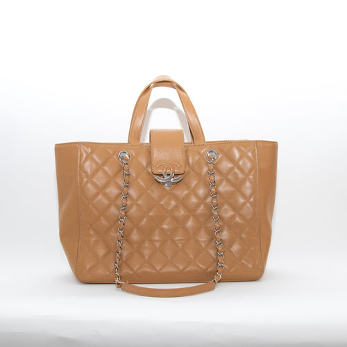 Chanel Tan Caviar CC Box Large Quilted Tote