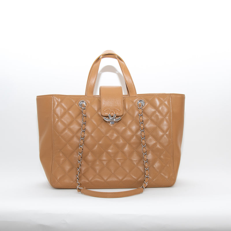 Chanel Tan Caviar CC Box Large Quilted Tote
