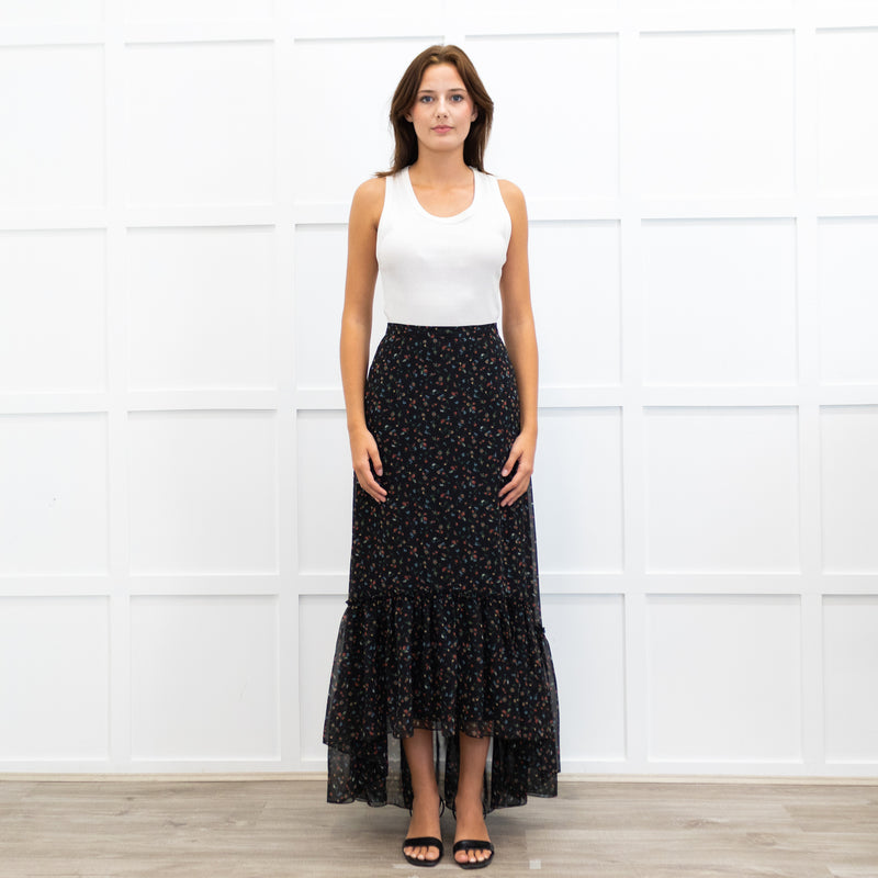 Mikael Aghal Black Crepe Asymmetric Floral Print Maxi Skirt