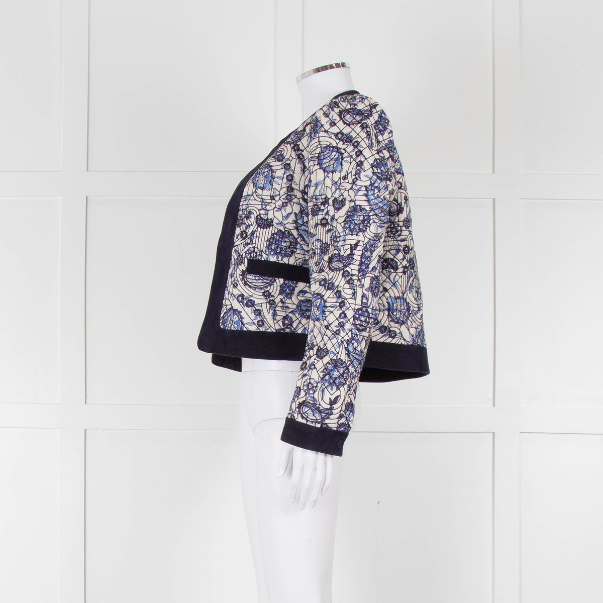 Claudie Pierlot White Blue Paisley Quilted Suede Trim Jacket