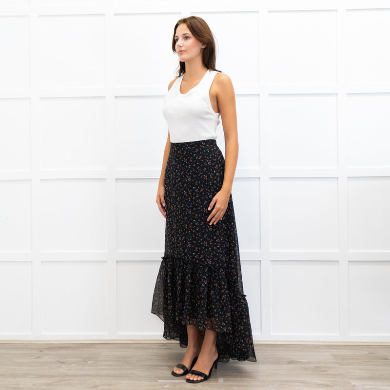 Mikael Aghal Black Crepe Asymmetric Floral Print Maxi Skirt