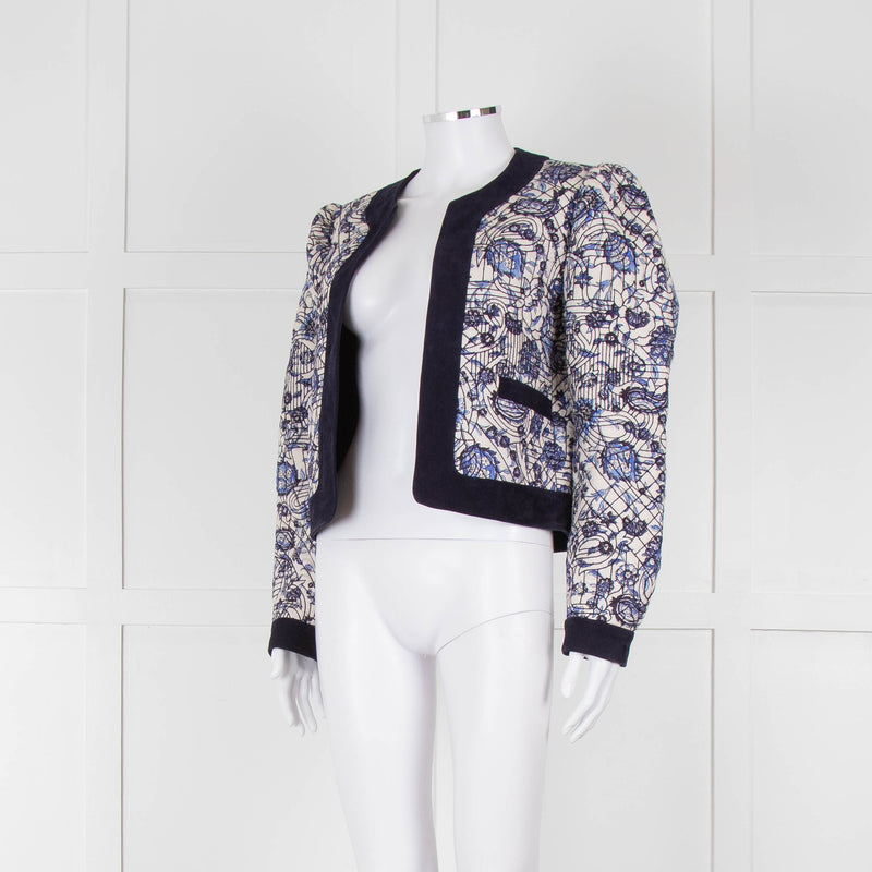 Claudie Pierlot White Blue Paisley Quilted Suede Trim Jacket