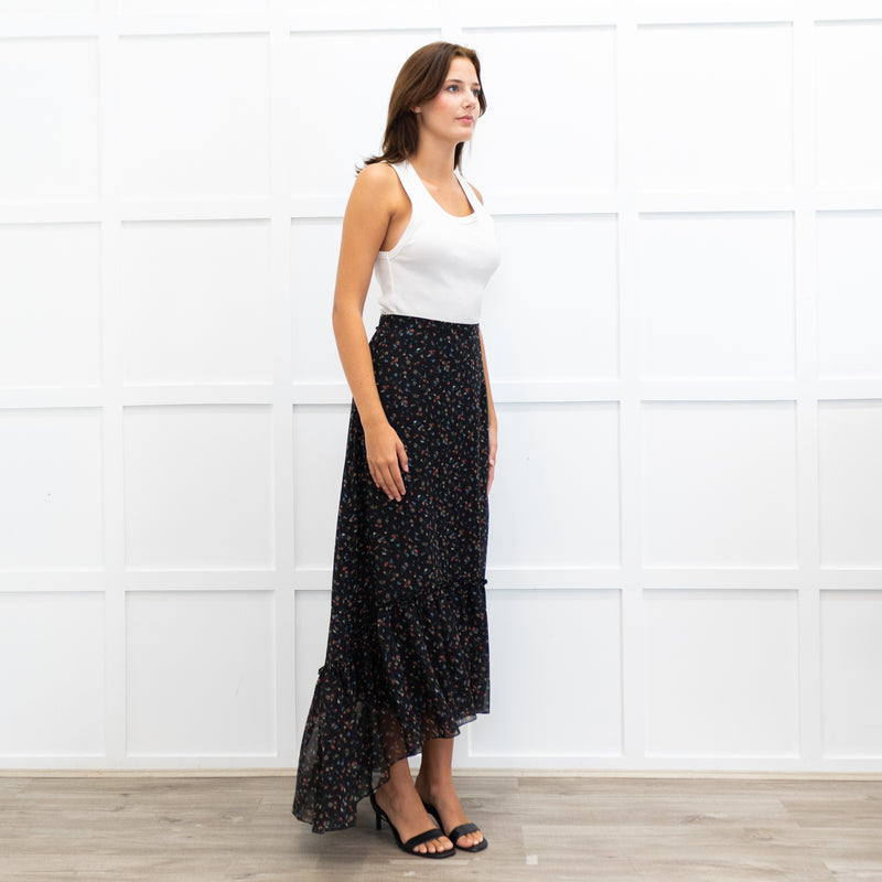Mikael Aghal Black Crepe Asymmetric Floral Print Maxi Skirt