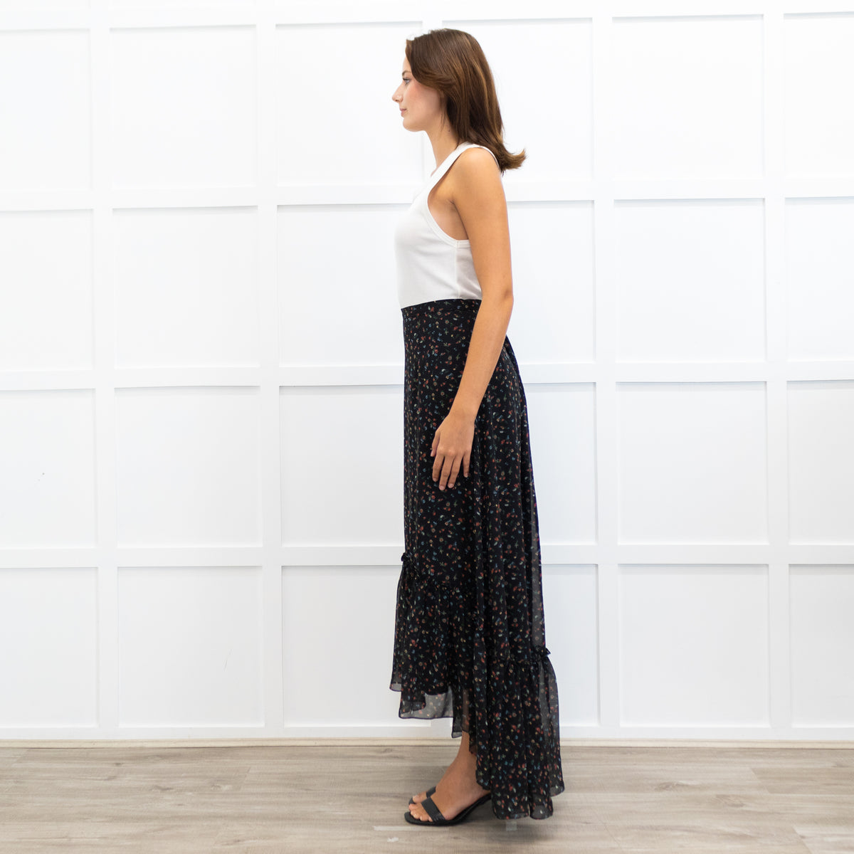 Mikael Aghal Black Crepe Asymmetric Floral Print Maxi Skirt