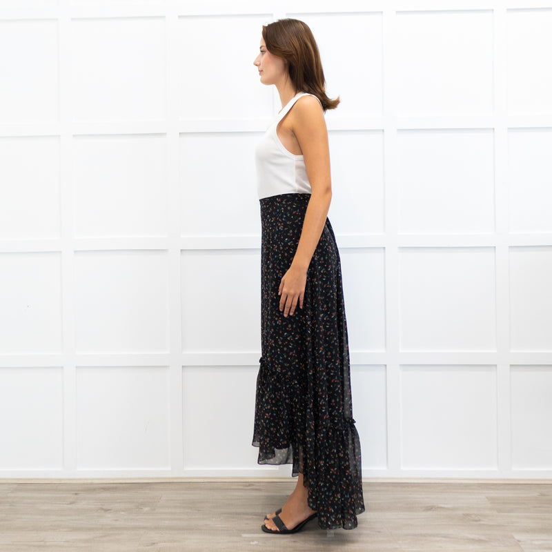 Mikael Aghal Black Crepe Asymmetric Floral Print Maxi Skirt