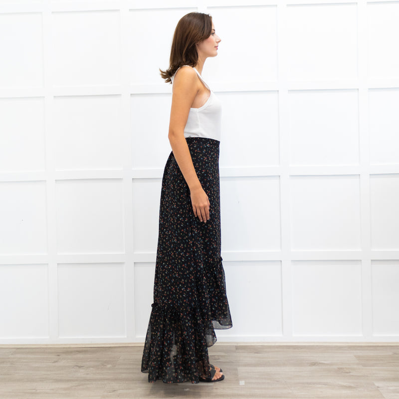 Mikael Aghal Black Crepe Asymmetric Floral Print Maxi Skirt