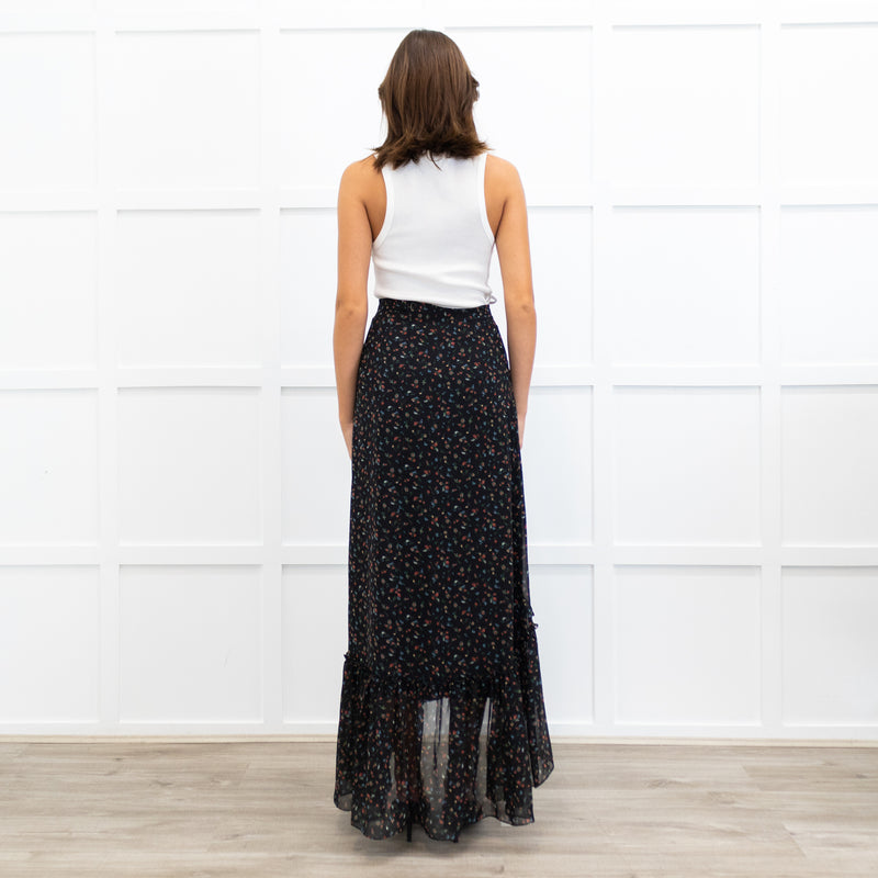 Mikael Aghal Black Crepe Asymmetric Floral Print Maxi Skirt