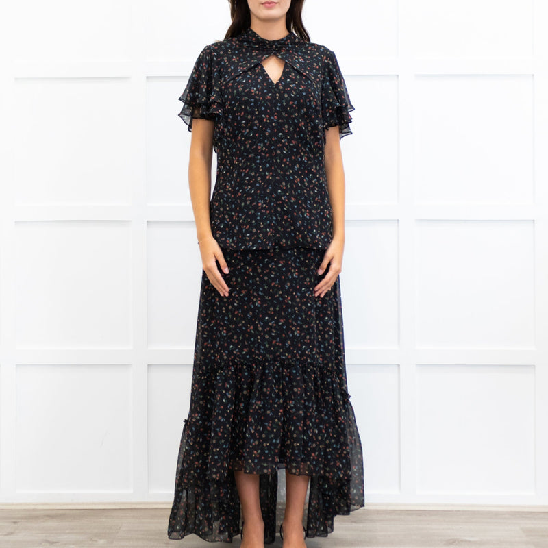 Mikael Aghal Black Floral Crepe Frill Sleeve Diamond Cut Out Top