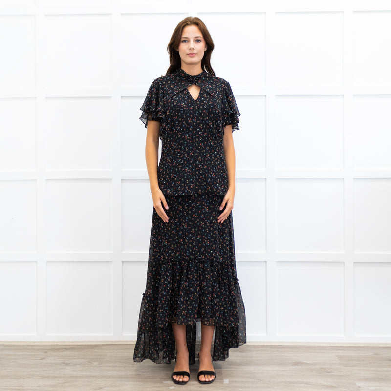 Mikael Aghal Black Floral Crepe Frill Sleeve Diamond Cut Out Top