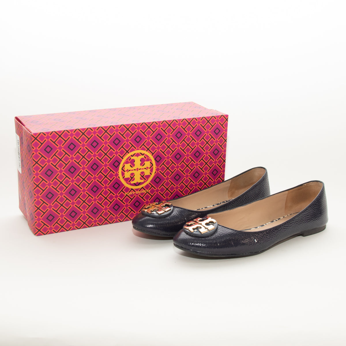 Tory Burch Navy Glossy Leather Flat Pumps