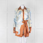 SIR Cream and Blue Abstract Print Wrap Mini Dress with Brown Tie