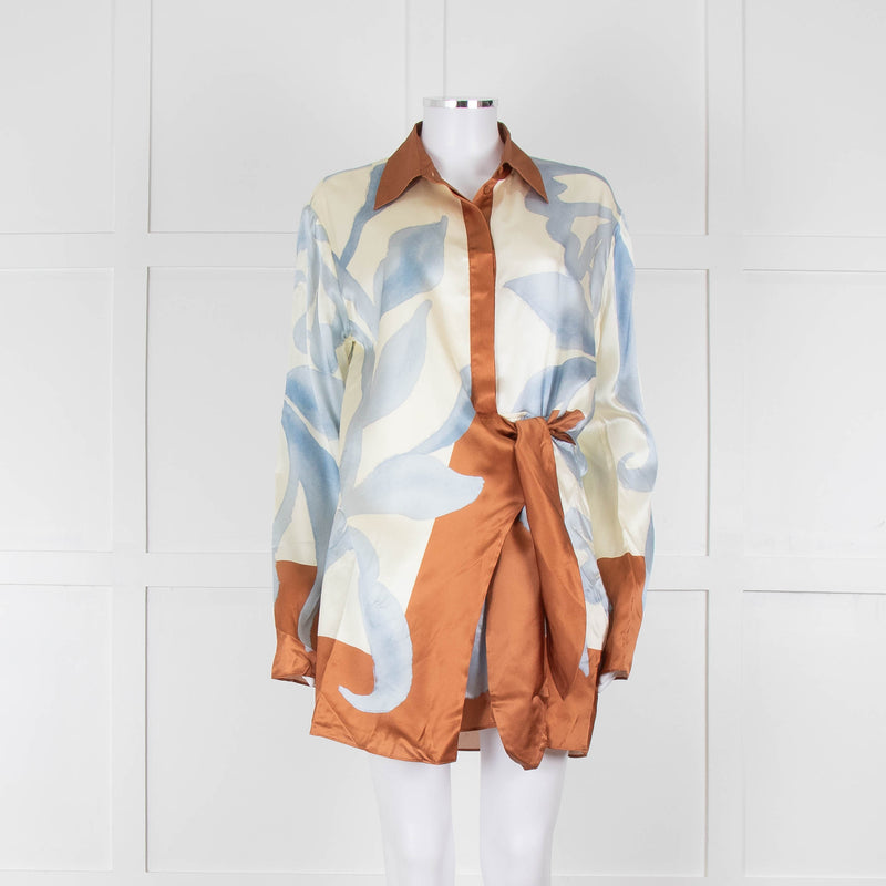 SIR Cream and Blue Abstract Print Wrap Mini Dress with Brown Tie