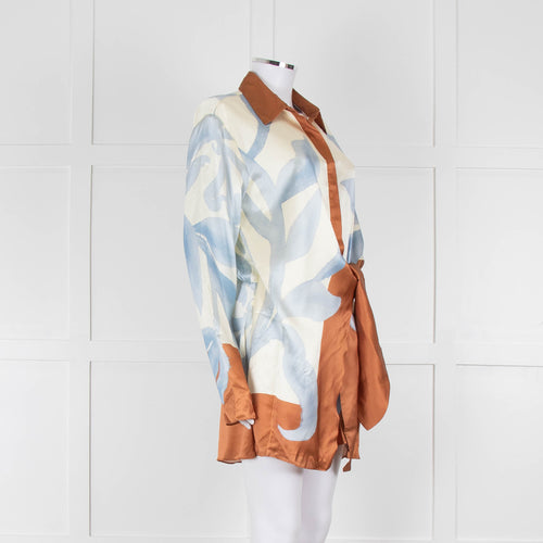 SIR Cream and Blue Abstract Print Wrap Mini Dress with Brown Tie