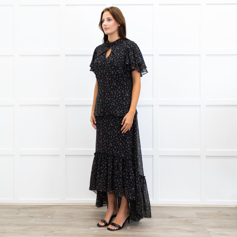 Mikael Aghal Black Floral Crepe Frill Sleeve Diamond Cut Out Top