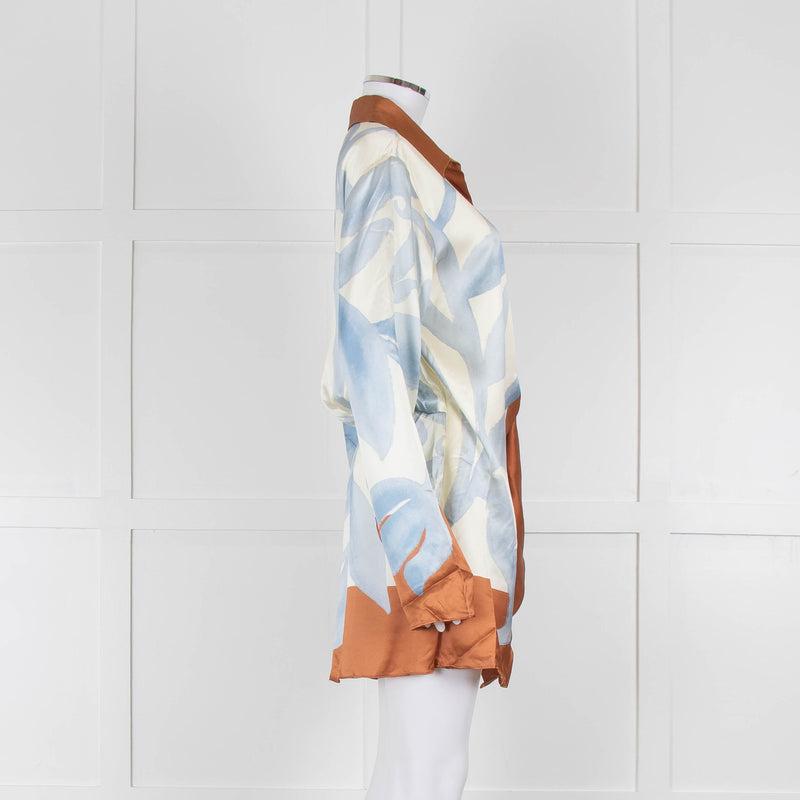 SIR Cream and Blue Abstract Print Wrap Mini Dress with Brown Tie