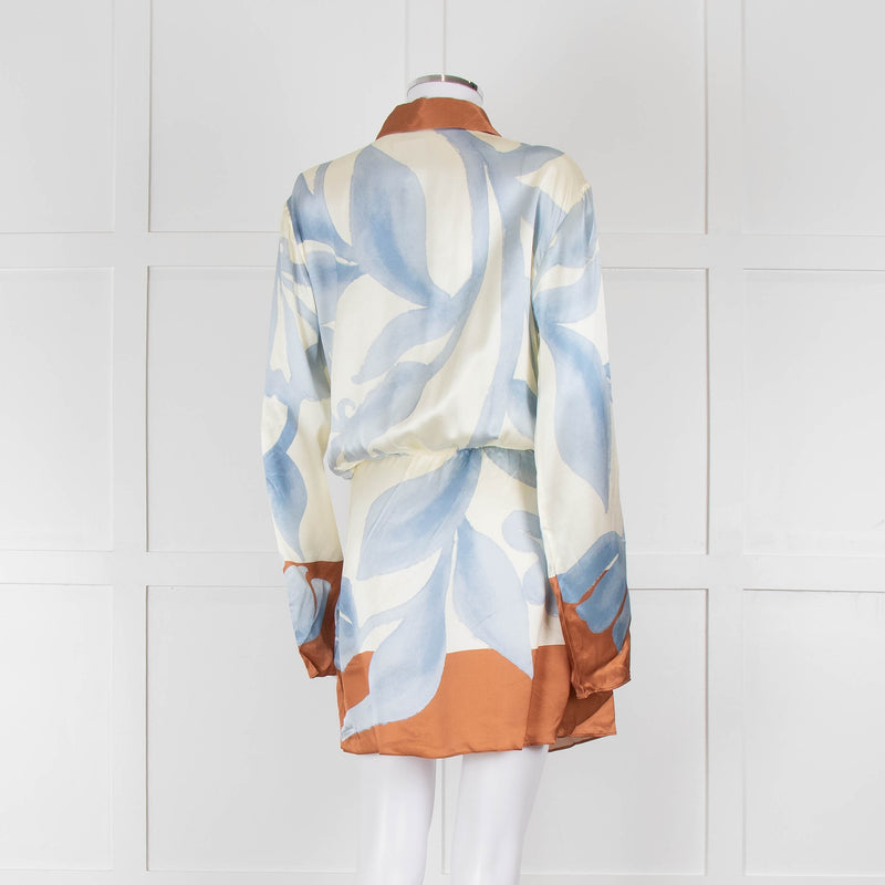 SIR Cream and Blue Abstract Print Wrap Mini Dress with Brown Tie