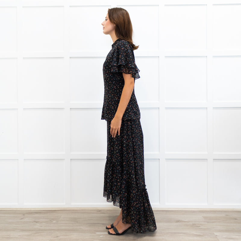Mikael Aghal Black Floral Crepe Frill Sleeve Diamond Cut Out Top