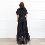 Mikael Aghal Black Floral Crepe Frill Sleeve Diamond Cut Out Top