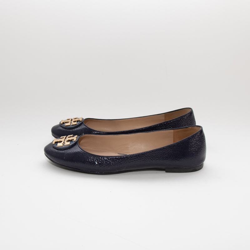 Tory Burch Navy Glossy Leather Flat Pumps