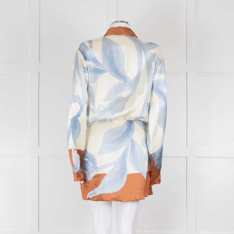 SIR Cream and Blue Abstract Print Wrap Mini Dress with Brown Tie