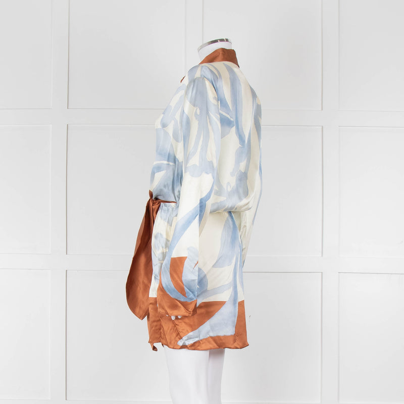 SIR Cream and Blue Abstract Print Wrap Mini Dress with Brown Tie