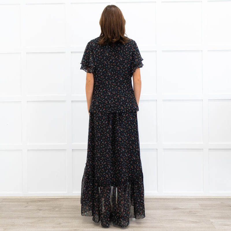 Mikael Aghal Black Floral Crepe Frill Sleeve Diamond Cut Out Top