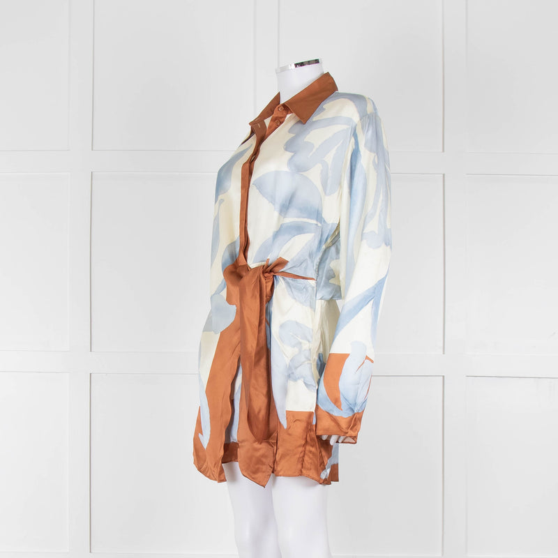 SIR Cream and Blue Abstract Print Wrap Mini Dress with Brown Tie