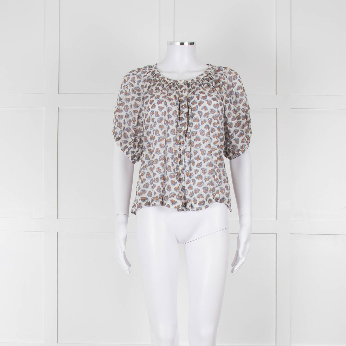 Doen White Blue Fine Cotton Floral Puff Sleeve Top