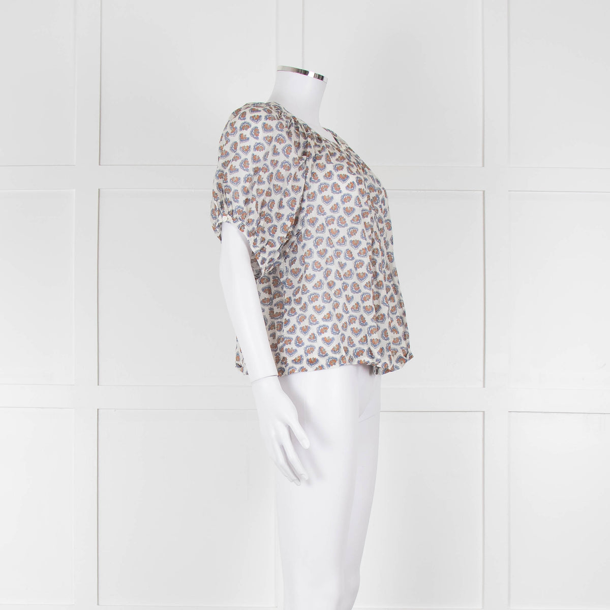 Doen White Blue Fine Cotton Floral Puff Sleeve Top