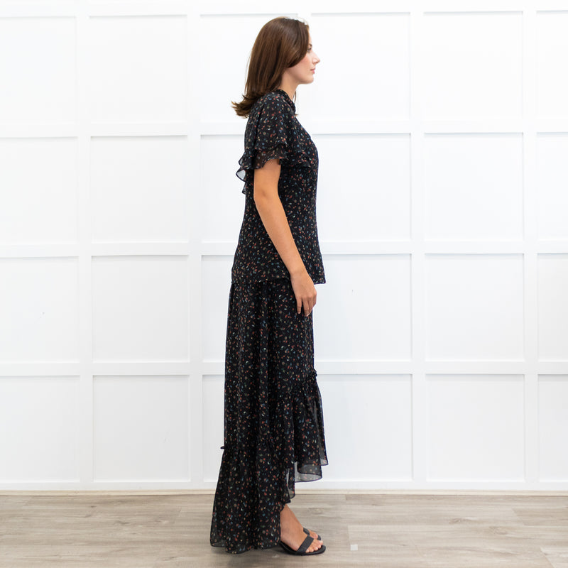 Mikael Aghal Black Floral Crepe Frill Sleeve Diamond Cut Out Top