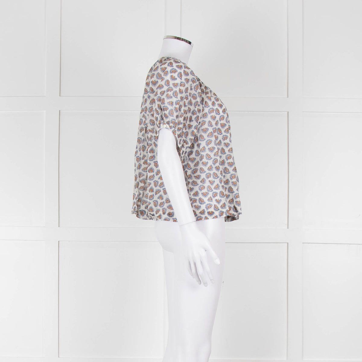 Doen White Blue Fine Cotton Floral Puff Sleeve Top